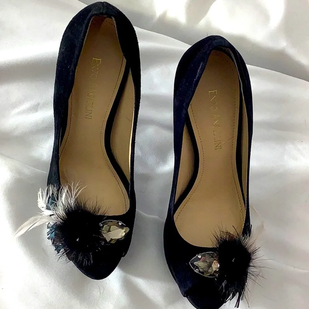 ENZO Angiolini Red Carpet Black Suede Pump, Mink, Peacock Feathers & Jewels EUC